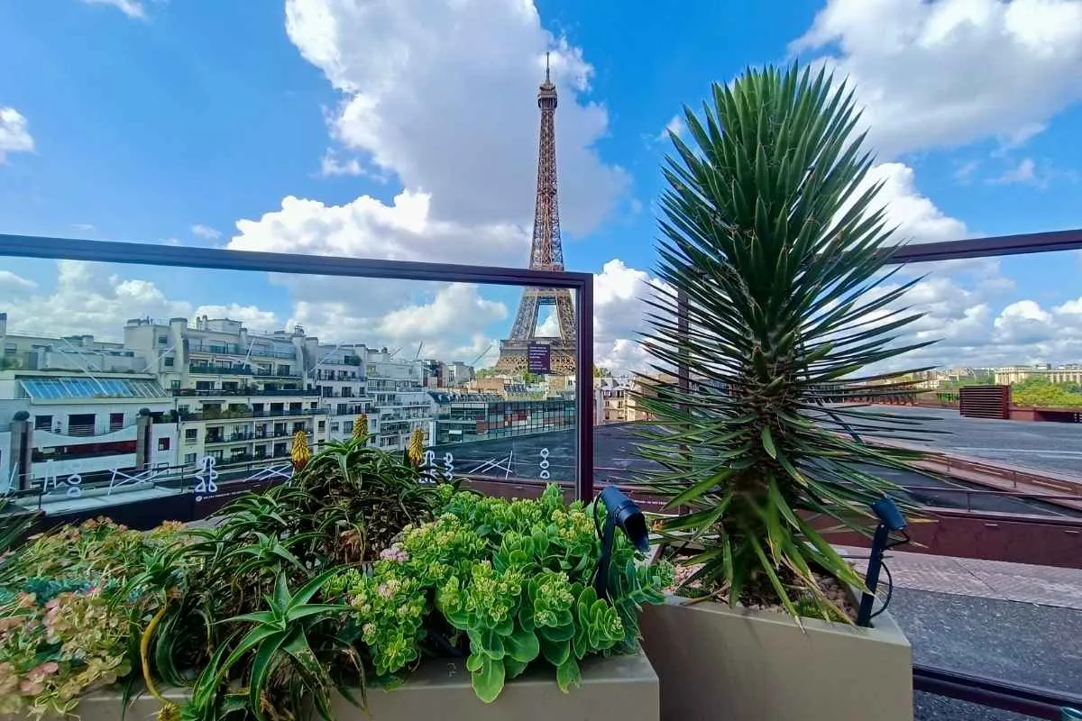terrasse avec plantes devant la tour eiffel