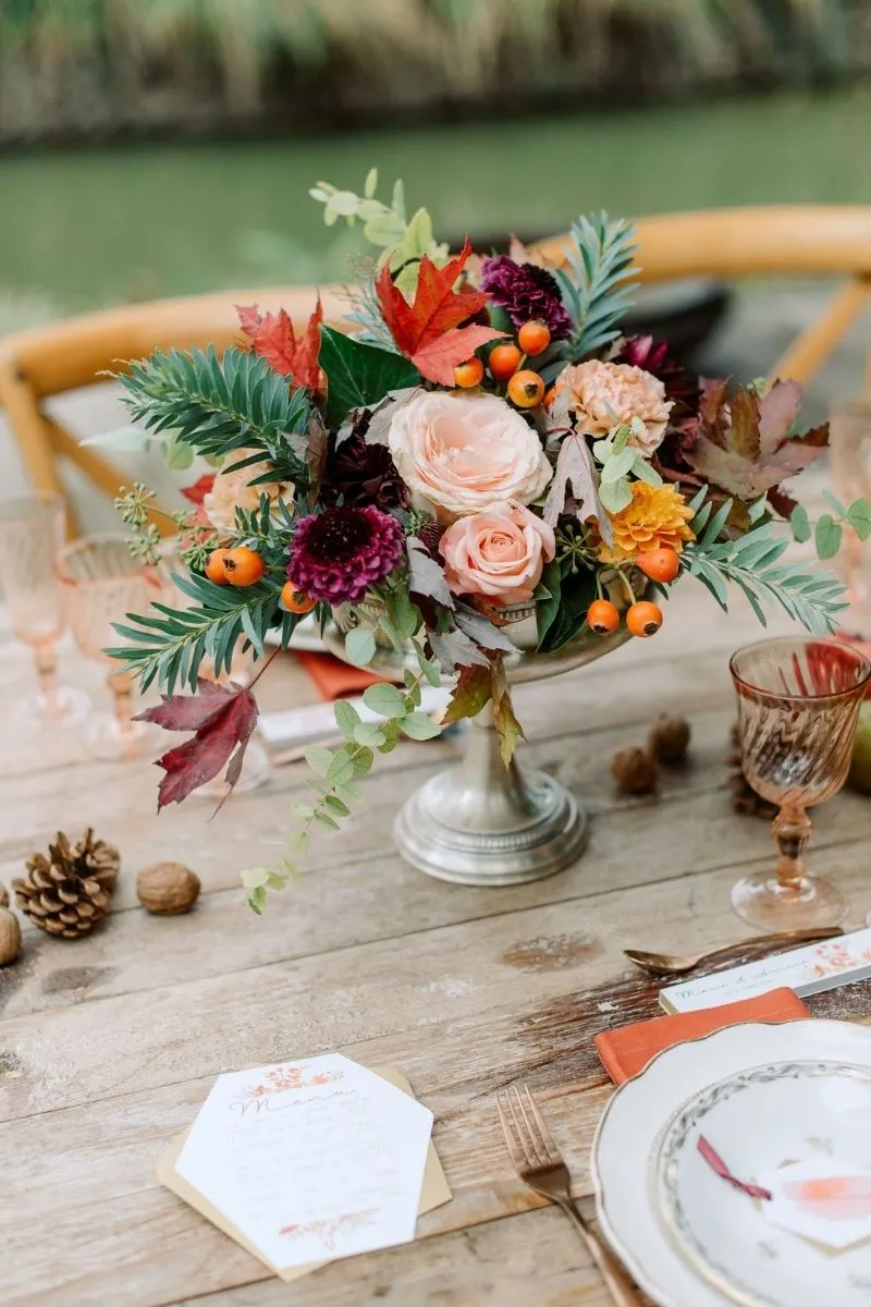 zoom sur bouquet su la table d'honnneur du Domaine de Quincampois